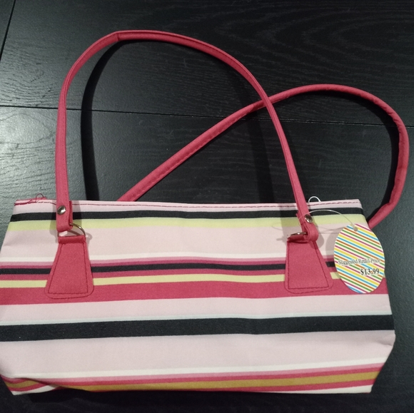 Stripped pink, green, black, white purse - Picture 1 of 5